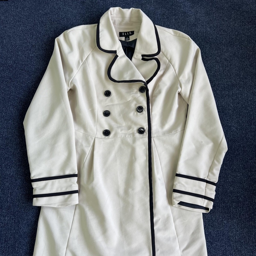 ELLE Coat‎ Womens 8 Beige Cotton Blend Double Breasted Trench Contrast Piping